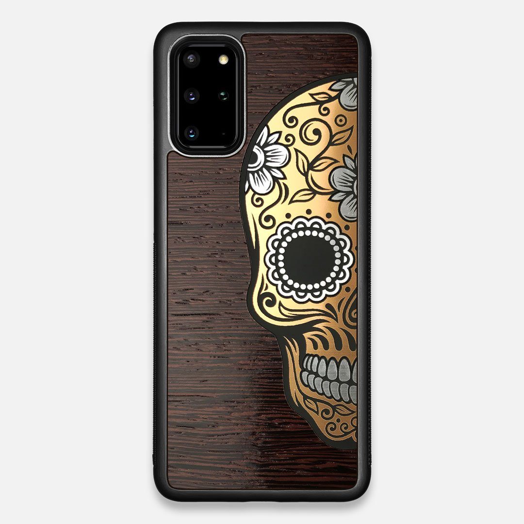 Front view of the Calavera Wood Sugar Skull Wood Galaxy S20+ Case by Keyway Designs