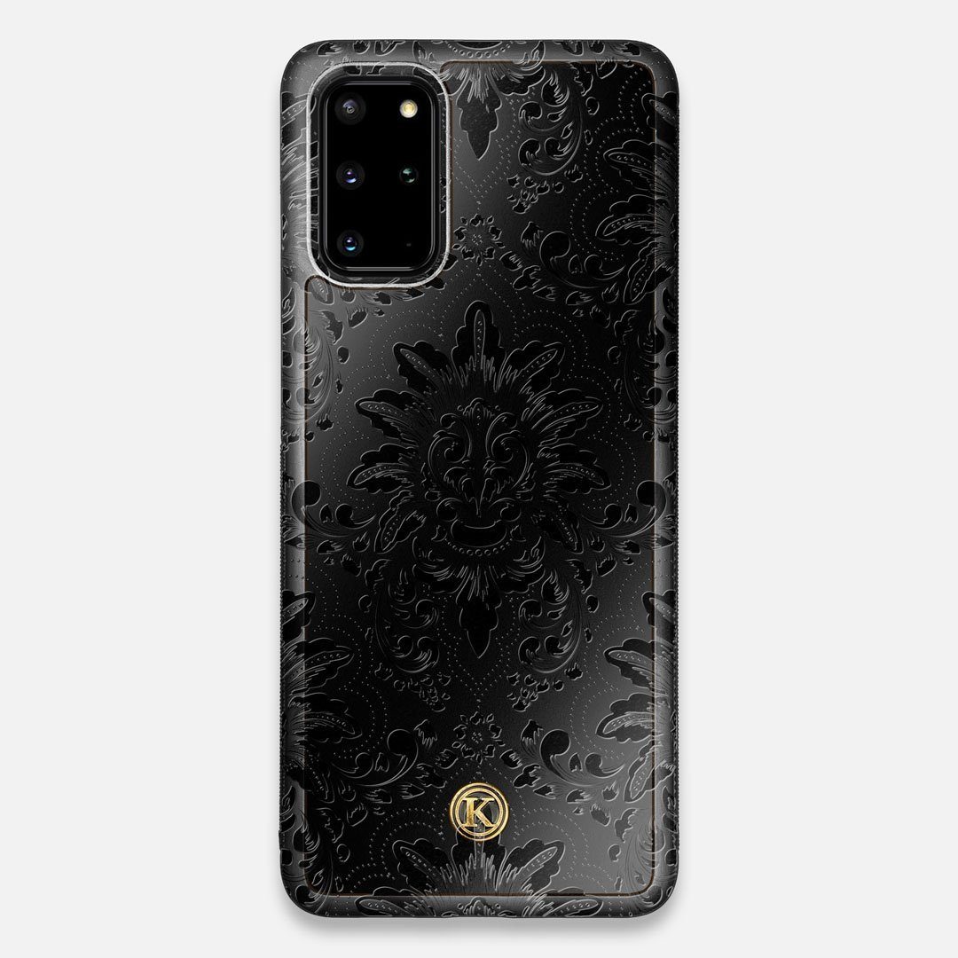 Front view of the detailed gloss Damask pattern printed on matte black impact acrylic Galaxy S20+ Case by Keyway Designs
