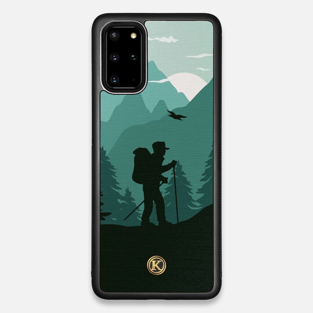 Front view of the stylized mountain hiker print on Wenge wood Galaxy S20+ Case by Keyway Designs