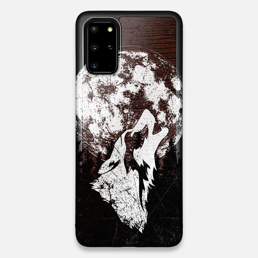 Front view of the high-contrast howling wolf on a full moon printed on a Wenge Wood Galaxy S20+ Case by Keyway Designs