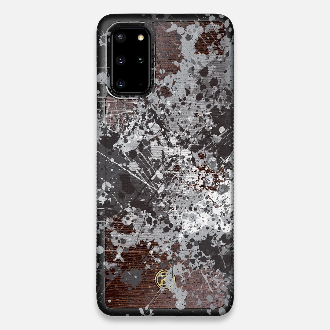 Front view of the aggressive, monochromatic splatter pattern overprintedprinted Wenge Wood Galaxy S20+ Case by Keyway Designs