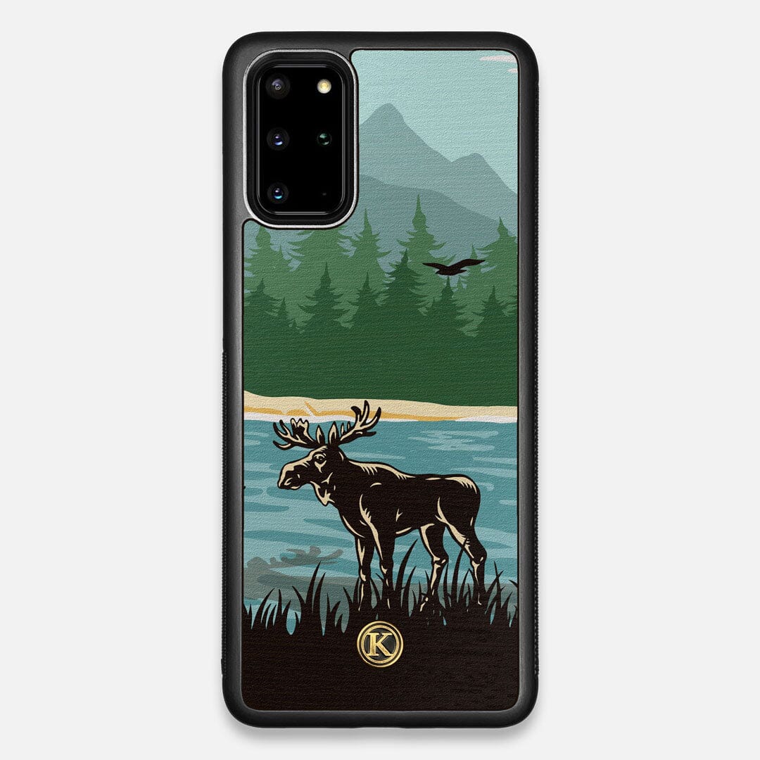 Front view of the stylized bull moose forest print on Wenge wood Galaxy S20+ Case by Keyway Designs