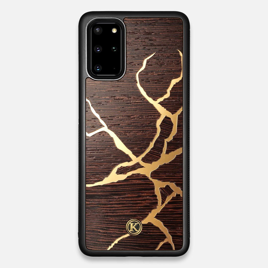 Front view of the Kintsugi inspired Gold and Wenge Wood Galaxy S20+ Case by Keyway Designs