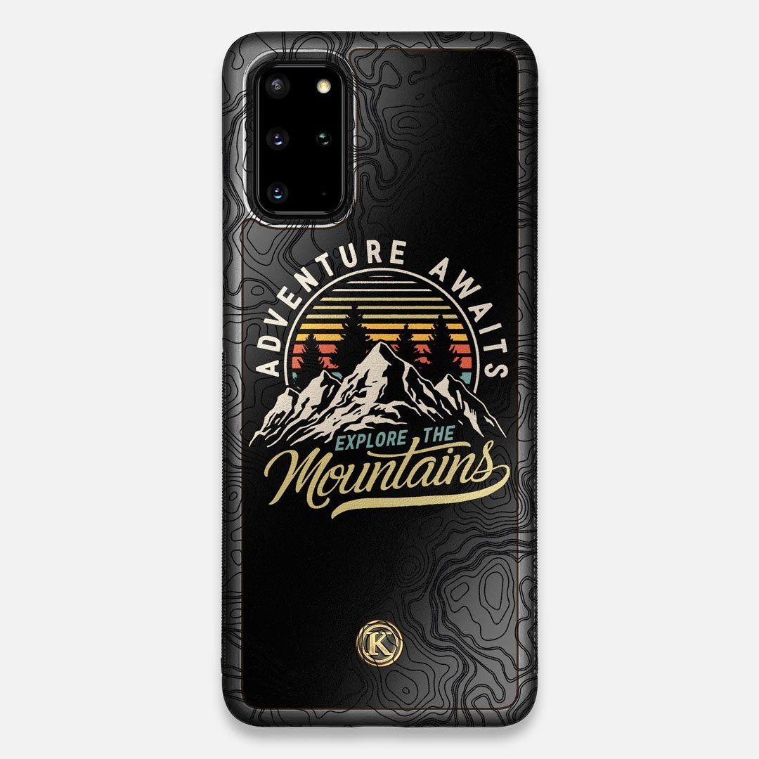 Front view of the crisp topographical map with Explorer badge printed on matte black impact acrylic Galaxy S20+ Case by Keyway Designs