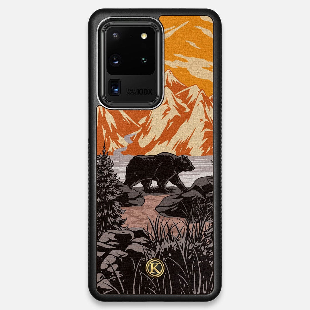 Front view of the stylized Kodiak bear in the mountains print on Wenge wood Galaxy S20 Ultra Case by Keyway Designs