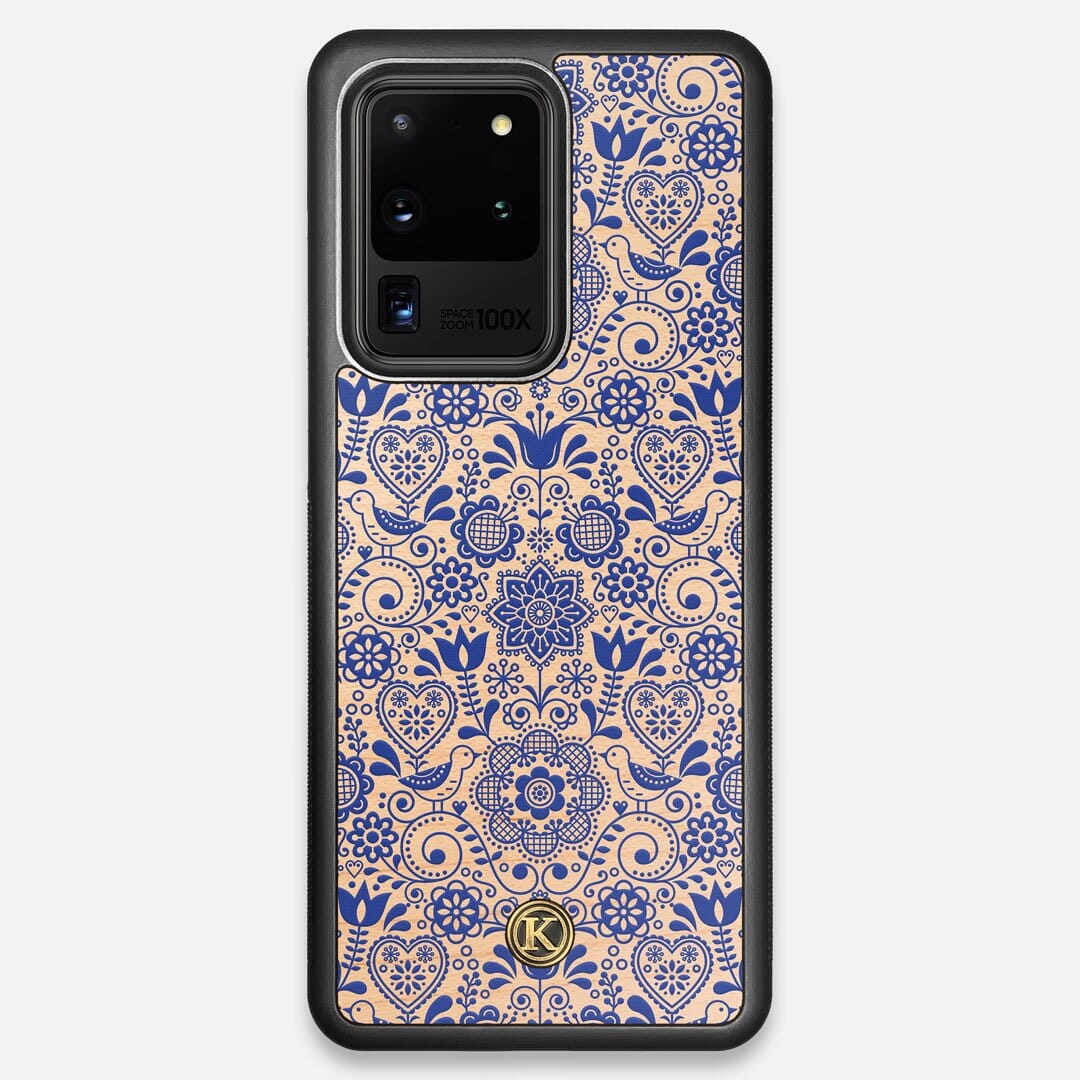 Front view of the blue floral pattern on maple wood Galaxy S20 Ultra Case by Keyway Designs
