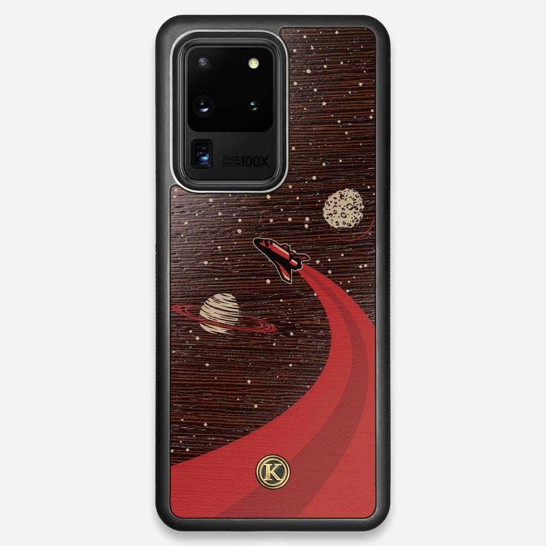 Front view of the stylized space shuttle boosting to saturn printed on Wenge wood Galaxy S20 Ultra Case by Keyway Designs