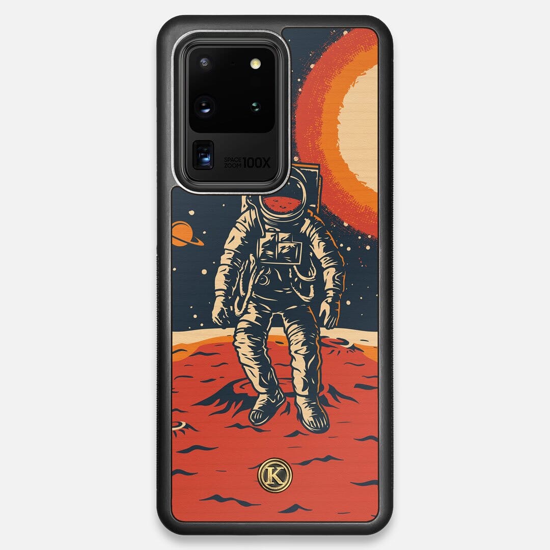 Front view of the stylized astronaut space-walk print on Cherry wood Galaxy S20 Ultra Case by Keyway Designs