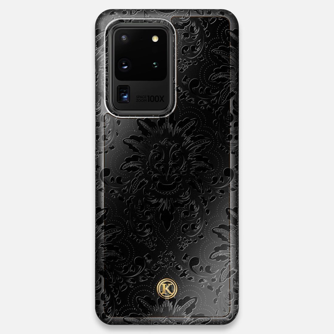 Front view of the detailed gloss Damask pattern printed on matte black impact acrylic Galaxy S20 Ultra Case by Keyway Designs