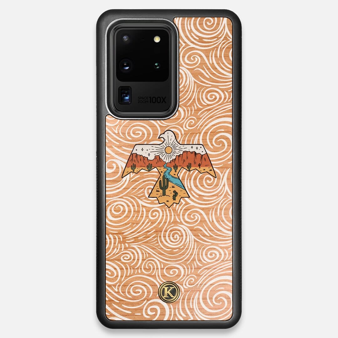 Front view of the double-exposure style eagle over flowing gusts of wind printed on Cherry wood Galaxy S20 Ultra Case by Keyway Designs