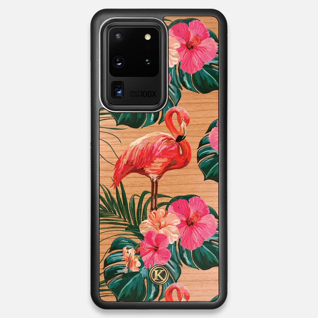 Front view of the Flamingo & Floral printed Cherry Wood Galaxy S20 Ultra Case by Keyway Designs