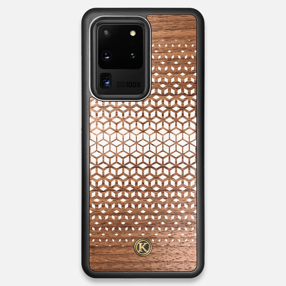 Front view of the white ink geometric gradient printed on Walnut wood Galaxy S20 Ultra Case by Keyway Designs