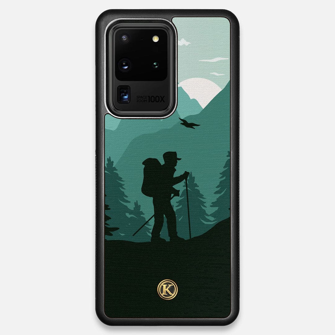Front view of the stylized mountain hiker print on Wenge wood Galaxy S20 Ultra Case by Keyway Designs