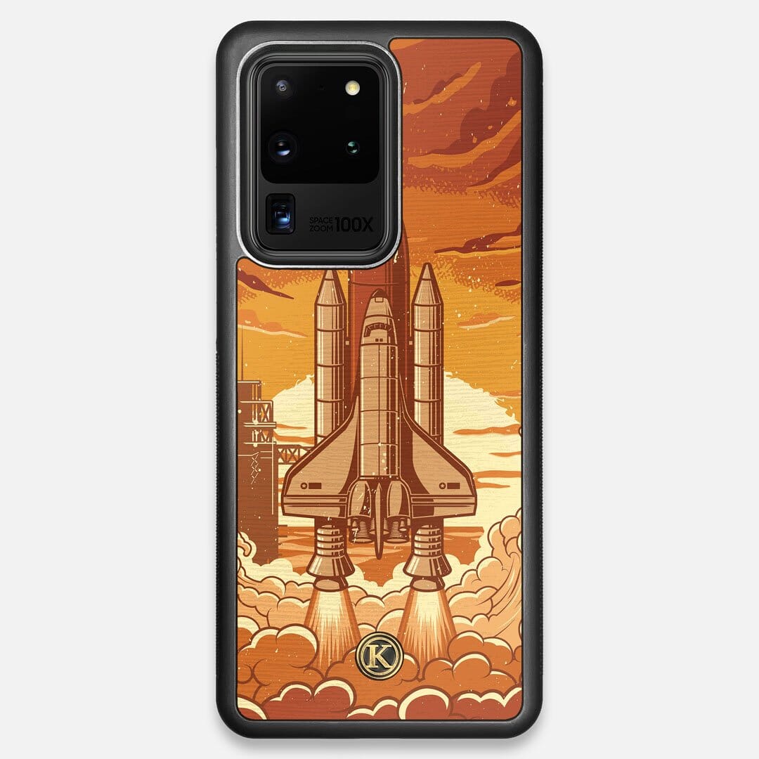 Front view of the vibrant stylized space shuttle launch print on Wenge wood Galaxy S20 Ultra Case by Keyway Designs