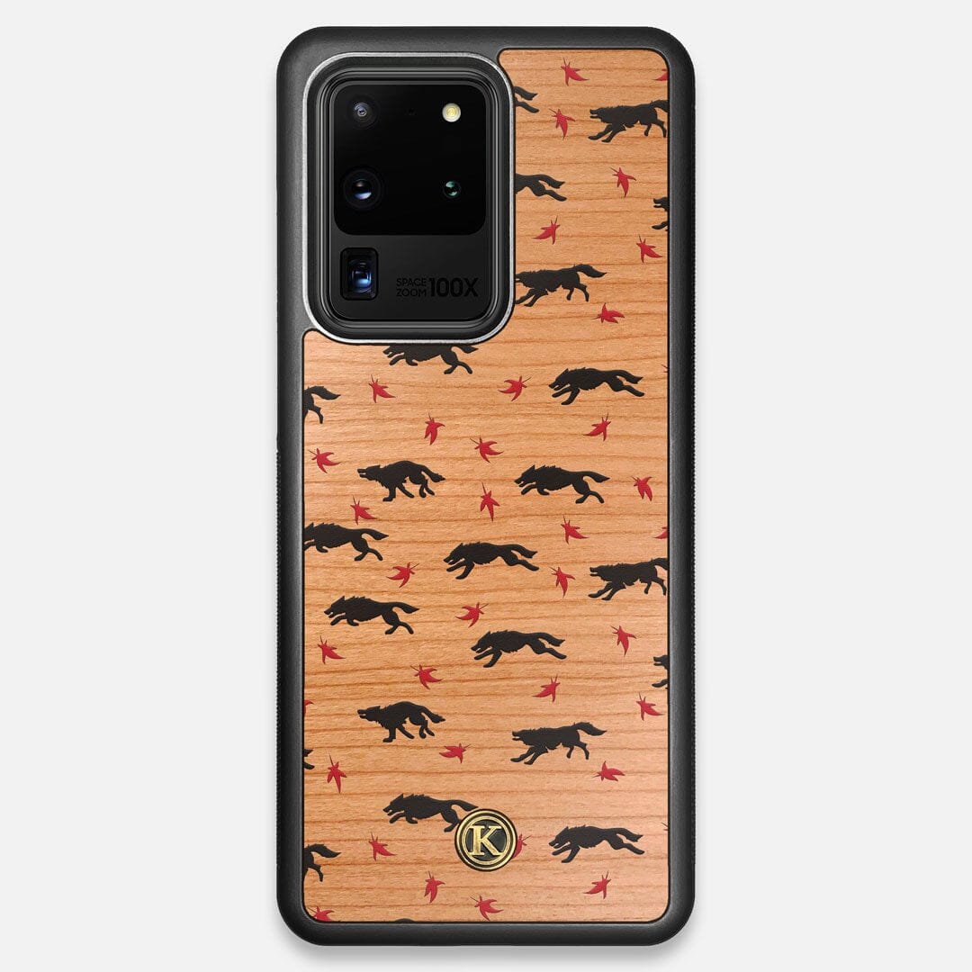 Front view of the unique pattern of wolves and Maple leaves printed on Cherry wood Galaxy S20 Ultra Case by Keyway Designs