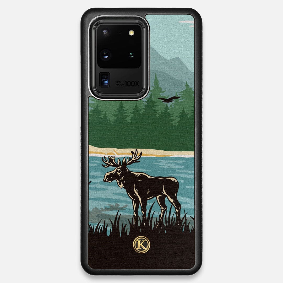 Front view of the stylized bull moose forest print on Wenge wood Galaxy S20 Ultra Case by Keyway Designs