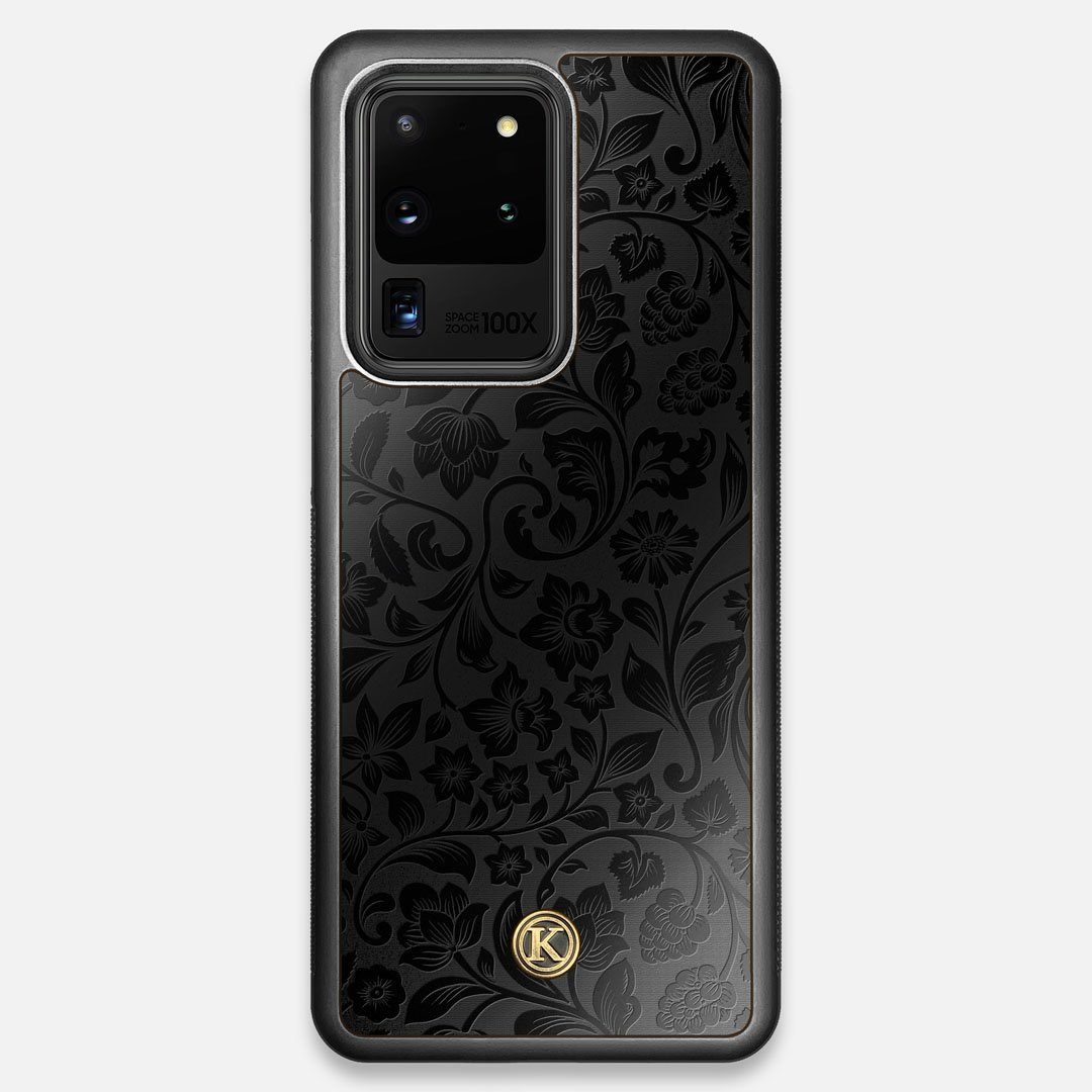 Front view of the highly detailed midnight floral engraving on matte black impact acrylic Galaxy S20 Ultra Case by Keyway Designs