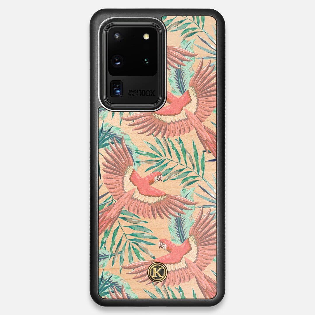 Front view of the Paradise Macaw and Tropical Leaf printed Maple Wood Galaxy S20 Ultra Case by Keyway Designs