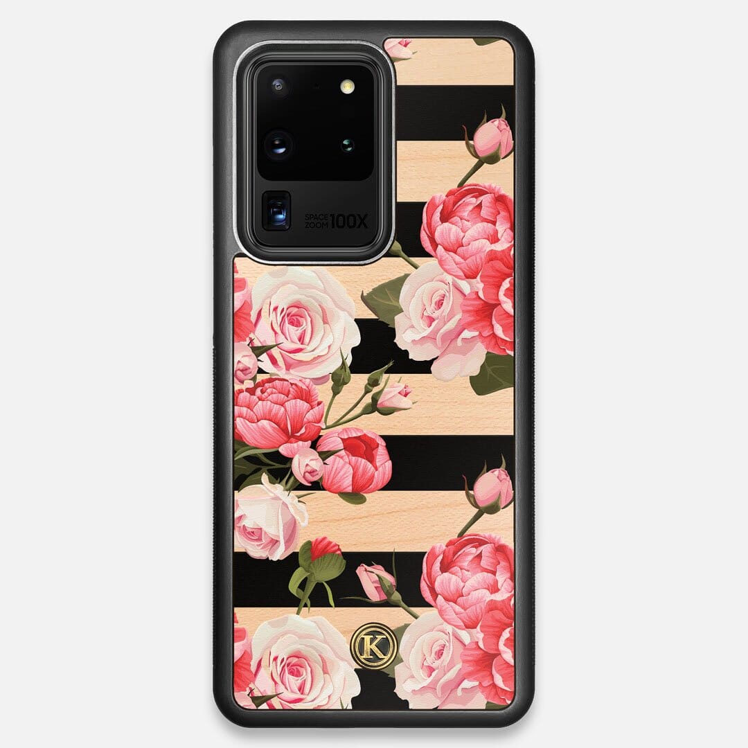 Front view of the artsy print of stripes with peonys and roses on Maple wood Galaxy S20 Ultra Case by Keyway Designs