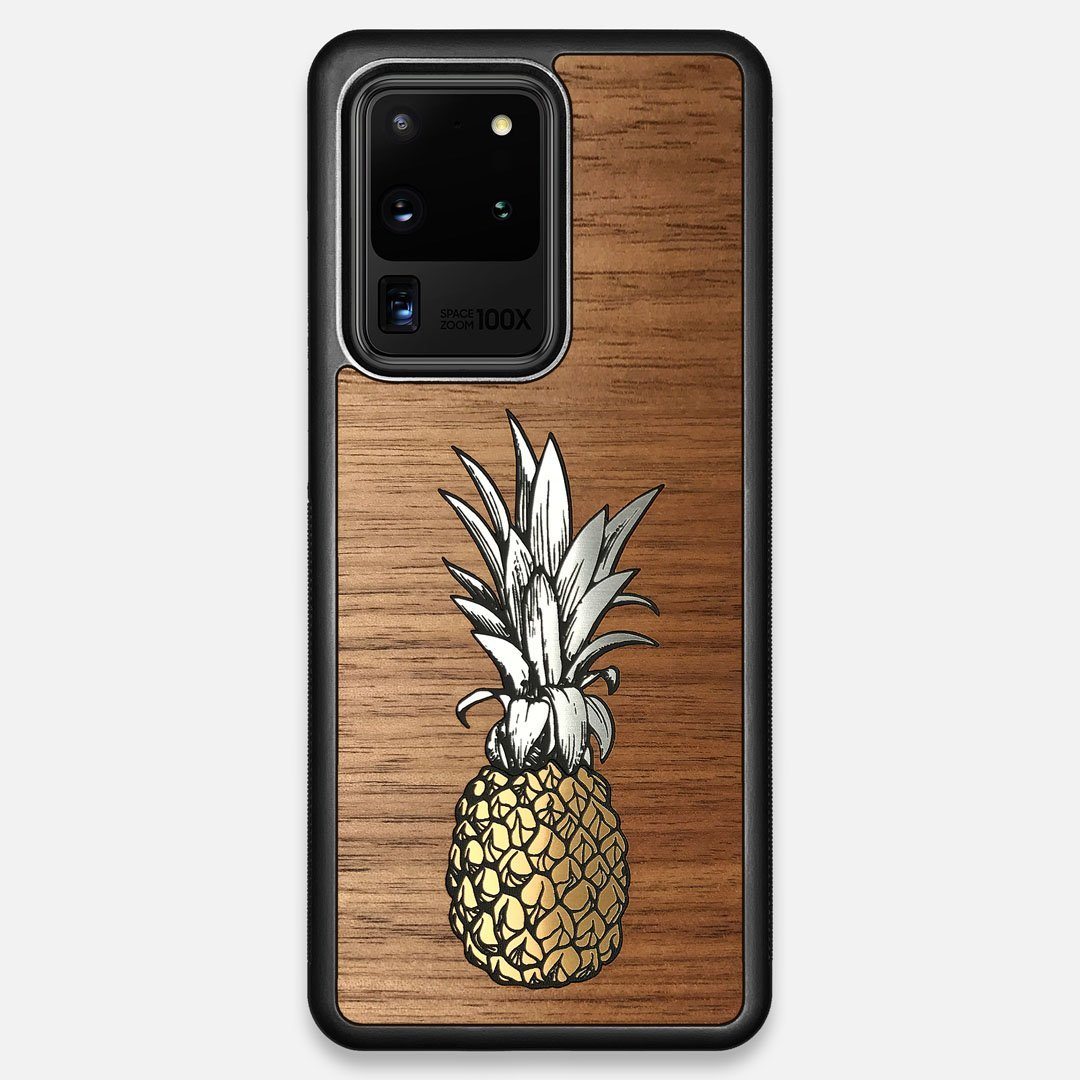 Front view of the Pineapple Walnut Wood Galaxy S20 Ultra Case by Keyway Designs