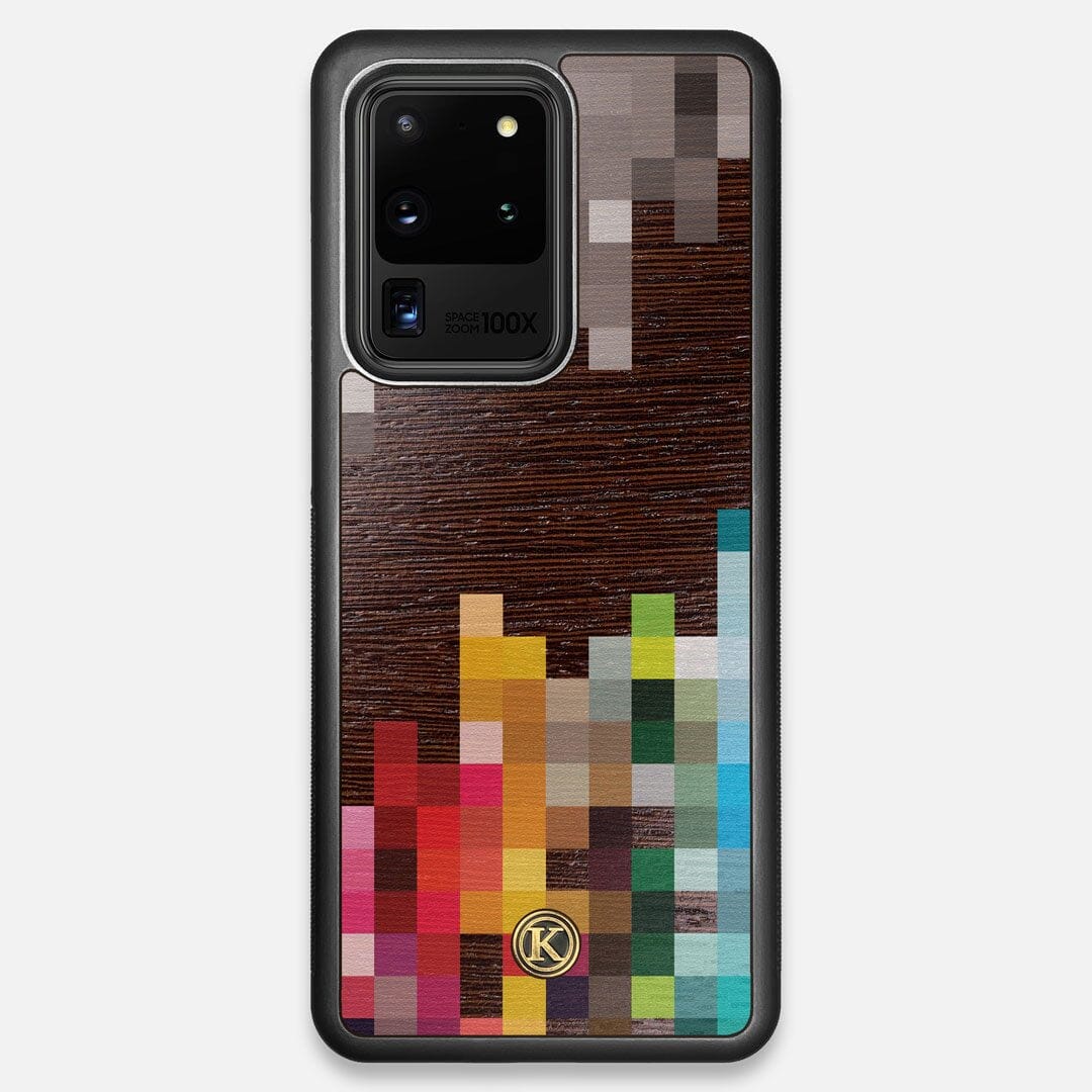 Front view of the digital art inspired pixelation design on Wenge wood Galaxy S20 Ultra Case by Keyway Designs