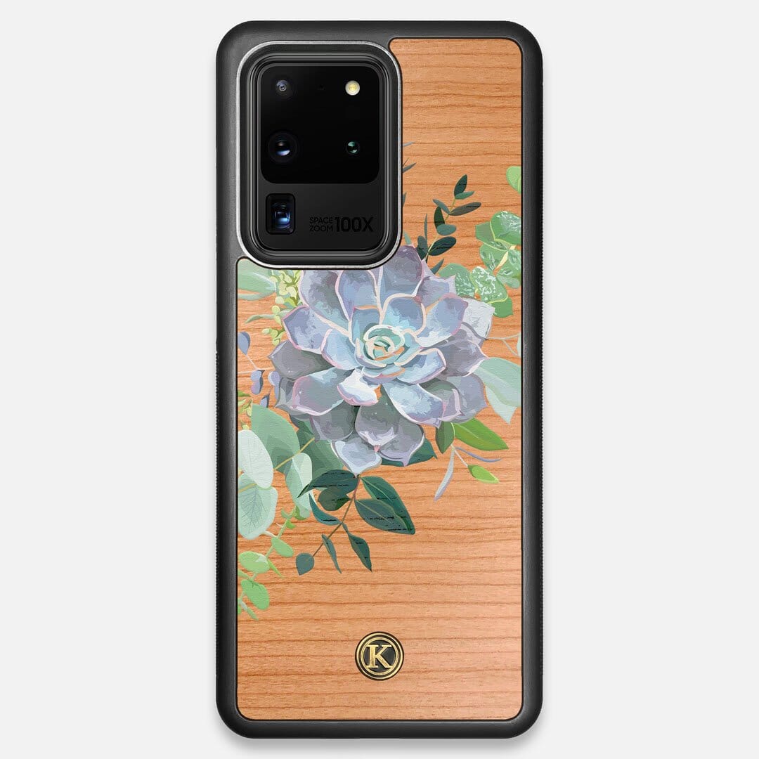Front view of the print centering around a succulent, Echeveria Pollux on Cherry wood Galaxy S20 Ultra Case by Keyway Designs