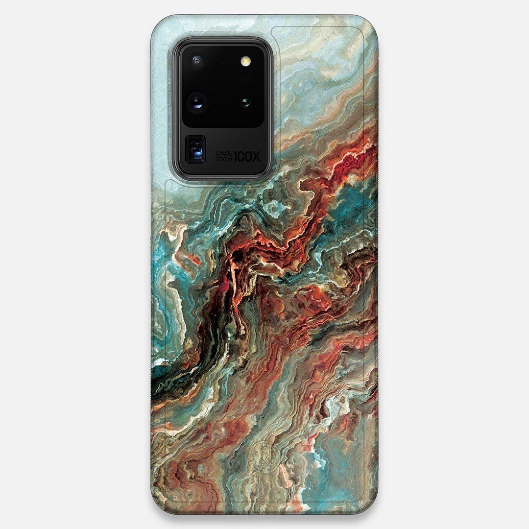 Front view of the vibrant and rich Red & Green flowing marble pattern printed Wenge Wood Galaxy S20 Ultra Case by Keyway Designs
