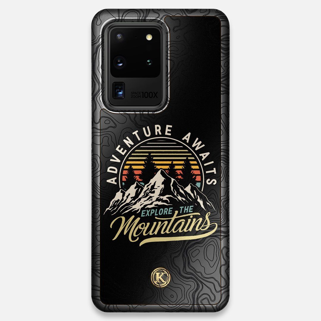 Front view of the crisp topographical map with Explorer badge printed on matte black impact acrylic Galaxy S20 Ultra Case by Keyway Designs