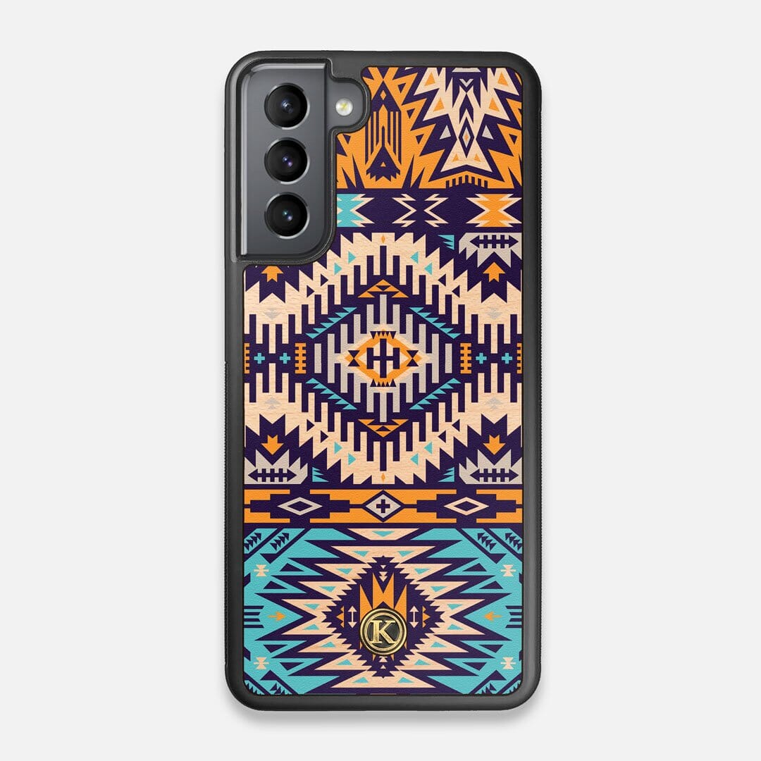 Front view of the vibrant Aztec printed Maple Wood Galaxy S21 Case by Keyway Designs