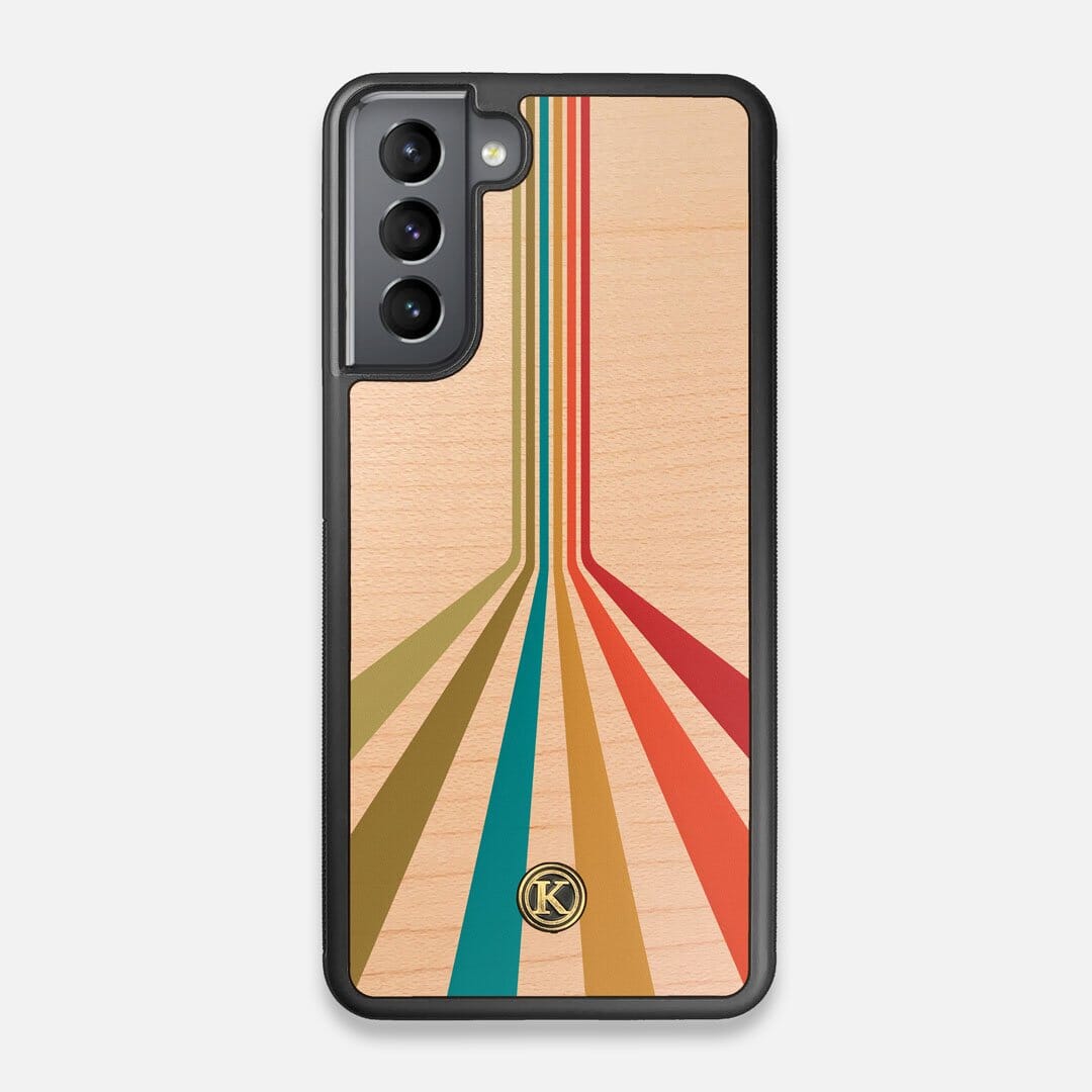 Front view of the array of colour beams splitting across the case printed on Maple wood Galaxy S21 Case by Keyway Designs