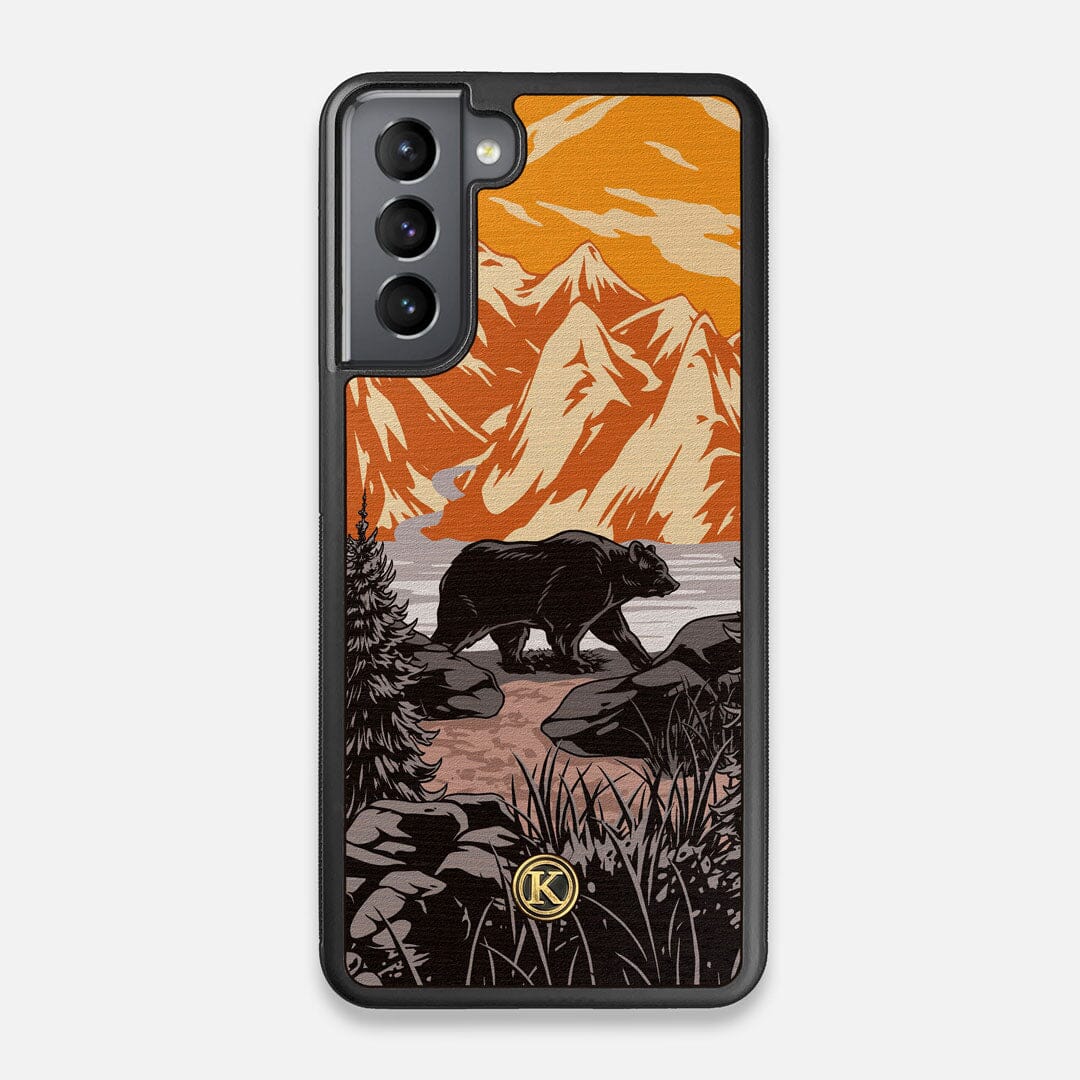Front view of the stylized Kodiak bear in the mountains print on Wenge wood Galaxy S21 Case by Keyway Designs