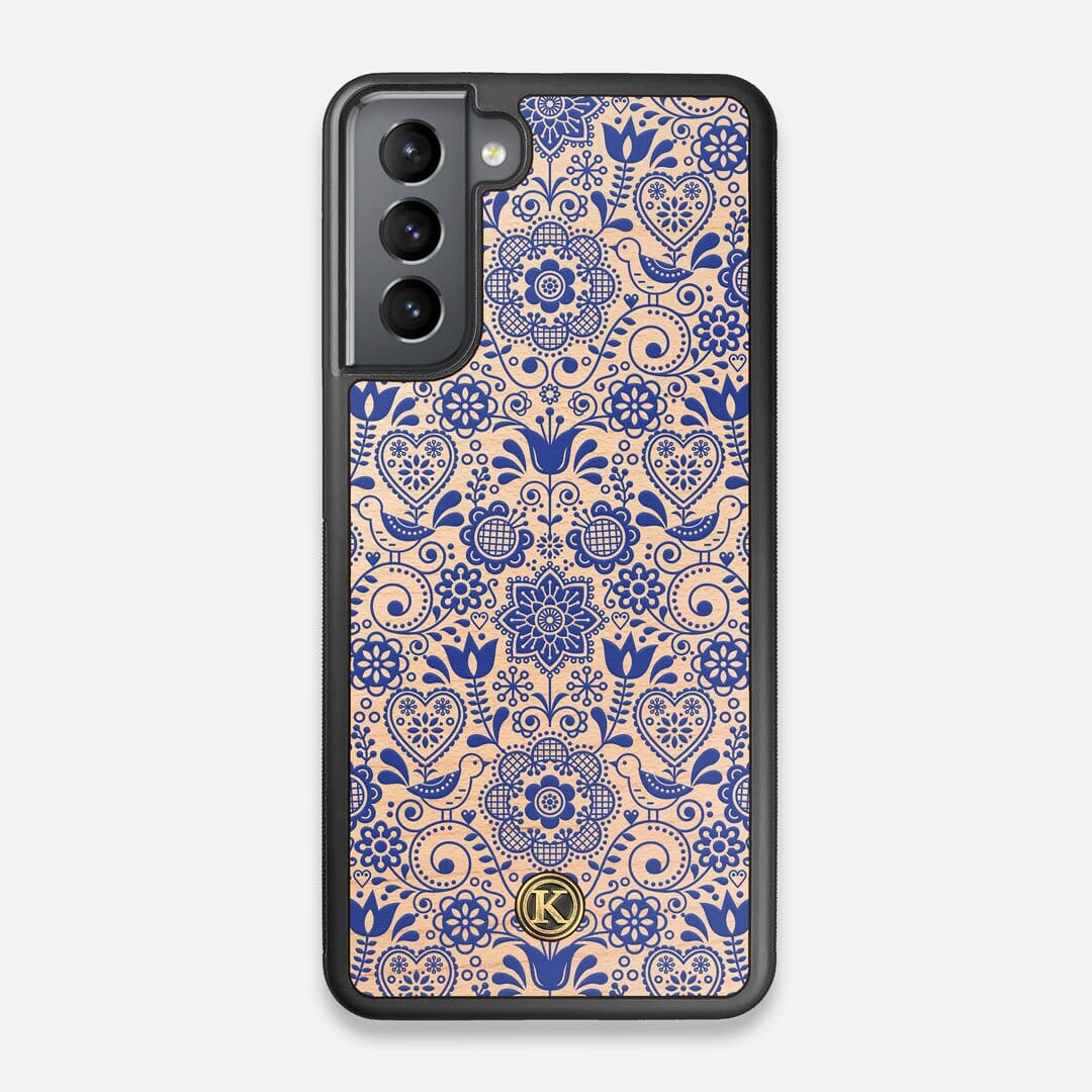 Front view of the blue floral pattern on maple wood Galaxy S21 Case by Keyway Designs