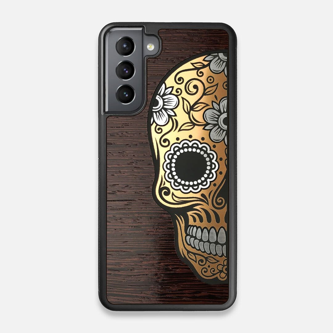 Front view of the Calavera Wood Sugar Skull Wood Galaxy S21 Case by Keyway Designs