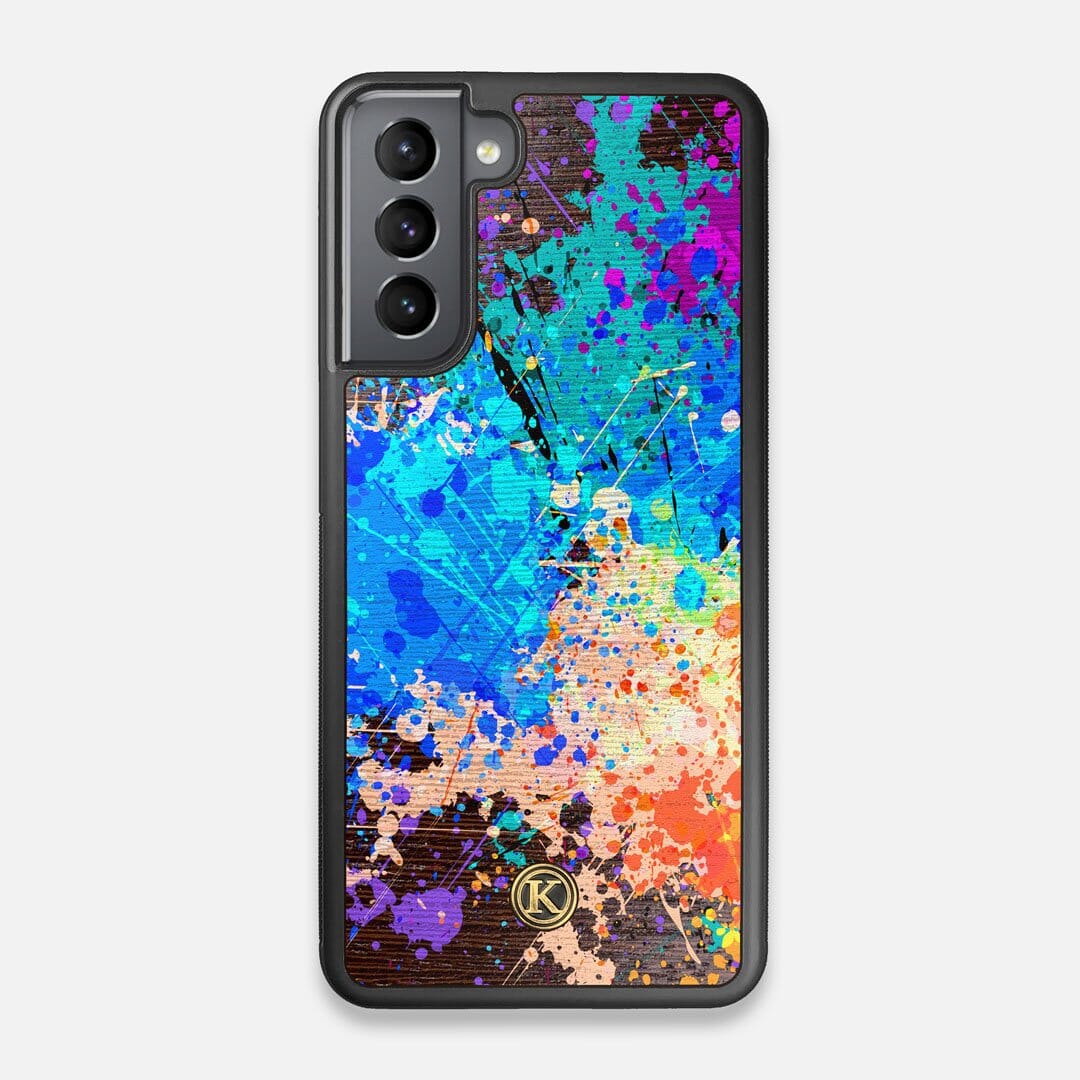 Front view of the realistic paint splatter 'Chroma' printed Wenge Wood Galaxy S21 Case by Keyway Designs
