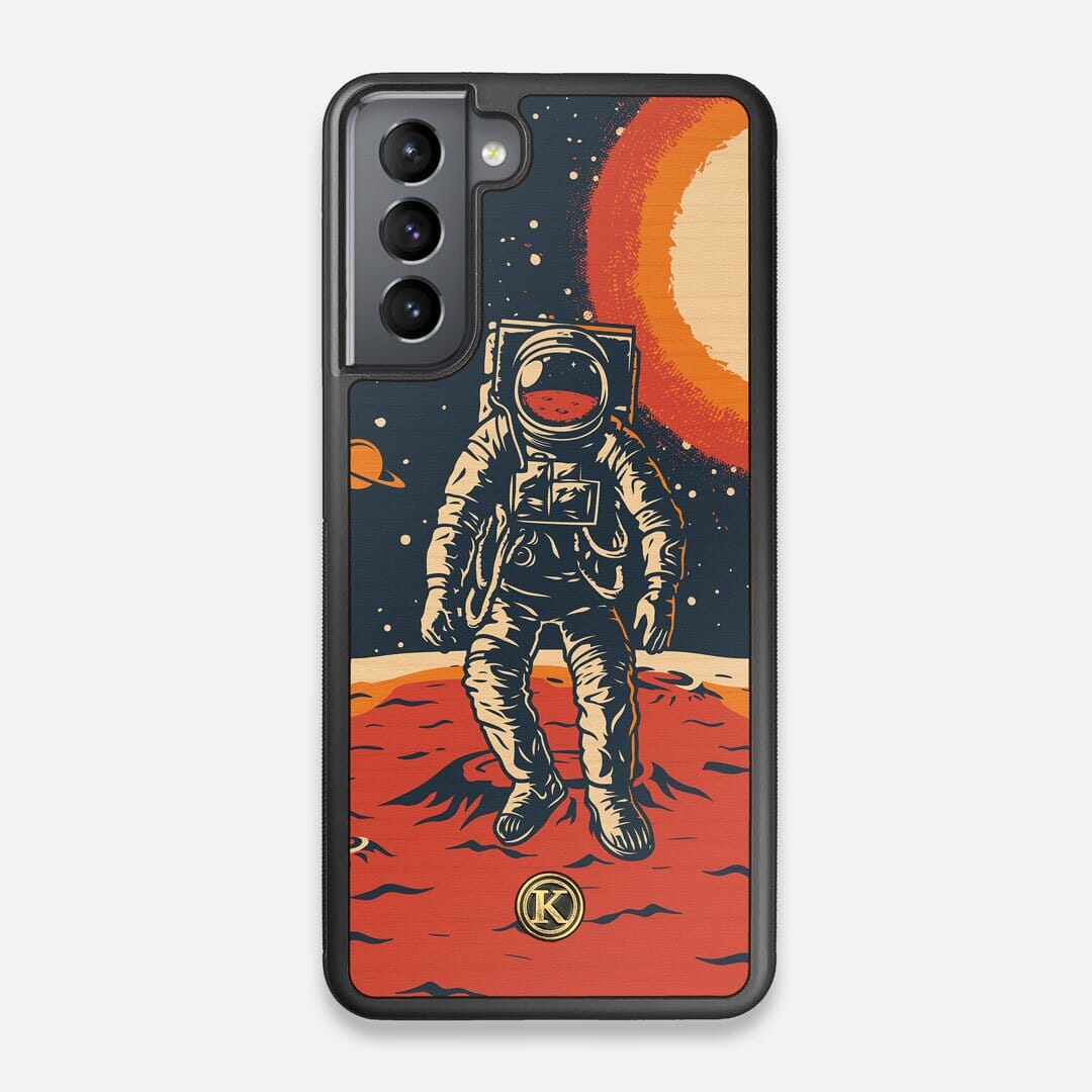 Front view of the stylized astronaut space-walk print on Cherry wood Galaxy S21 Case by Keyway Designs
