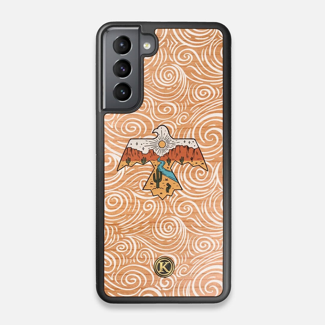 Front view of the double-exposure style eagle over flowing gusts of wind printed on Cherry wood Galaxy S21 Case by Keyway Designs