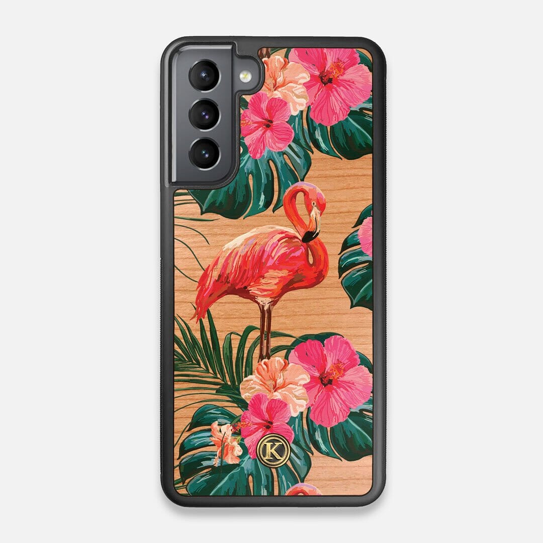 Front view of the Flamingo & Floral printed Cherry Wood Galaxy S21 Case by Keyway Designs