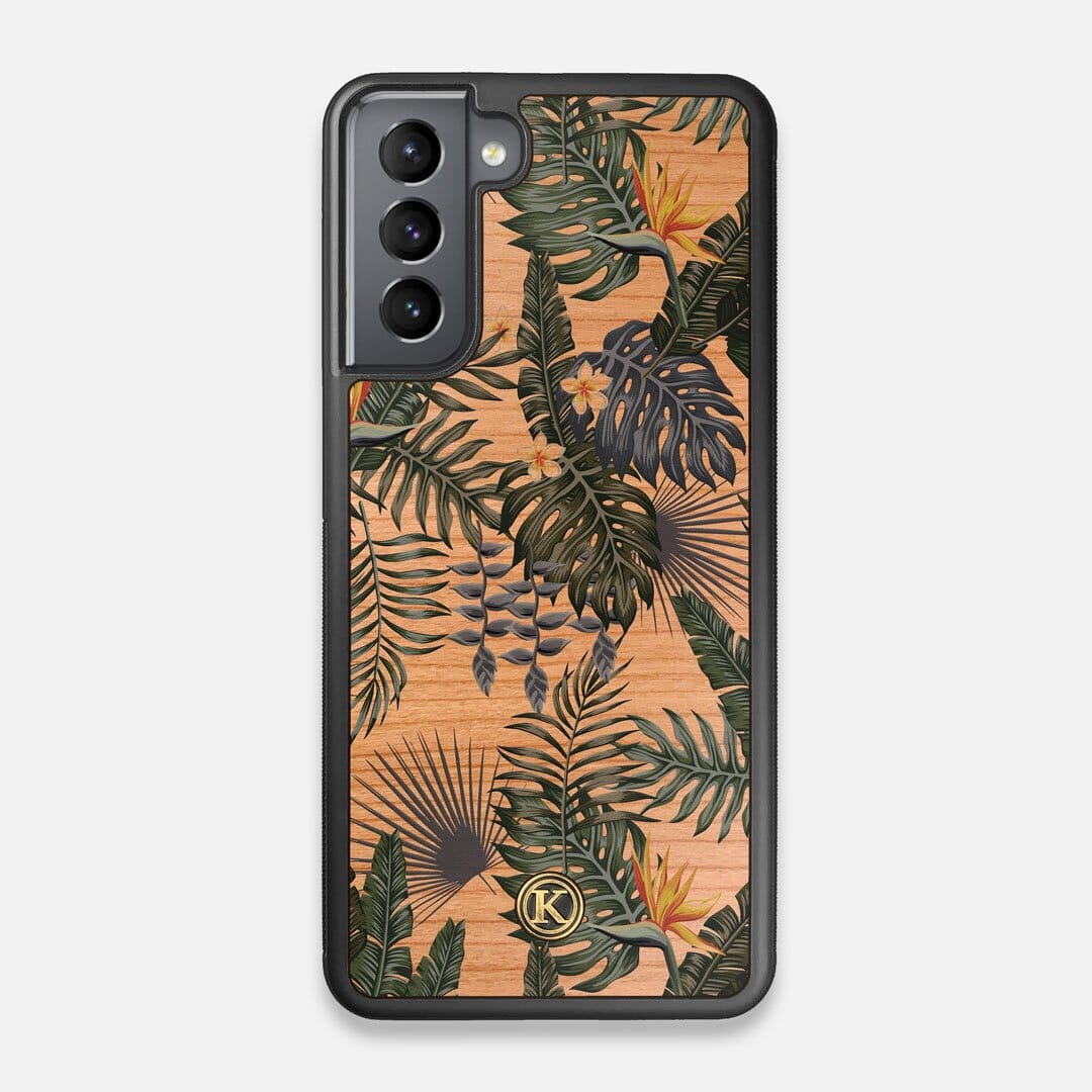 Front view of the Floral tropical leaf printed Cherry Wood Galaxy S21 Case by Keyway Designs
