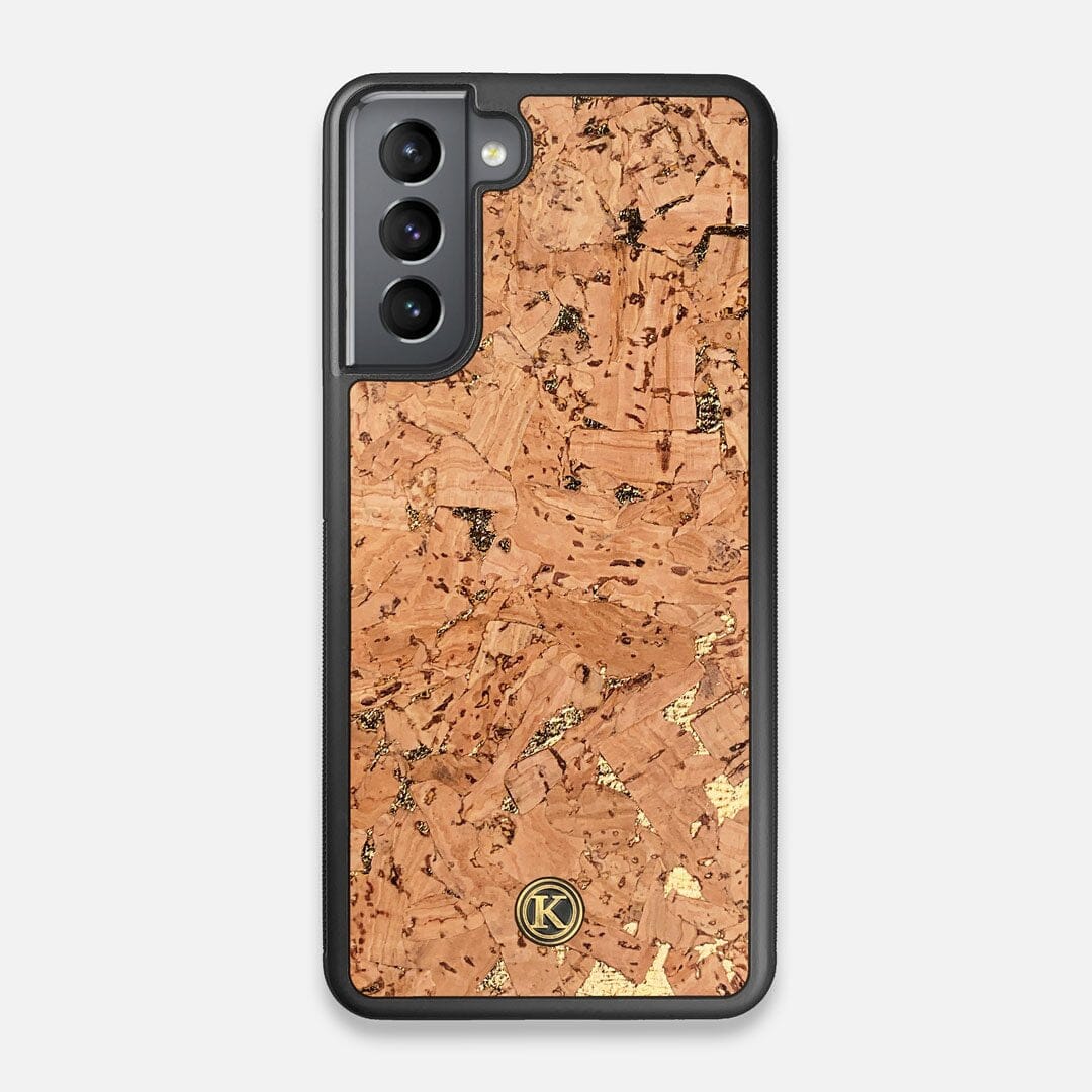 Front view of the gold fleck natural cork Galaxy S21 Case by Keyway Designs