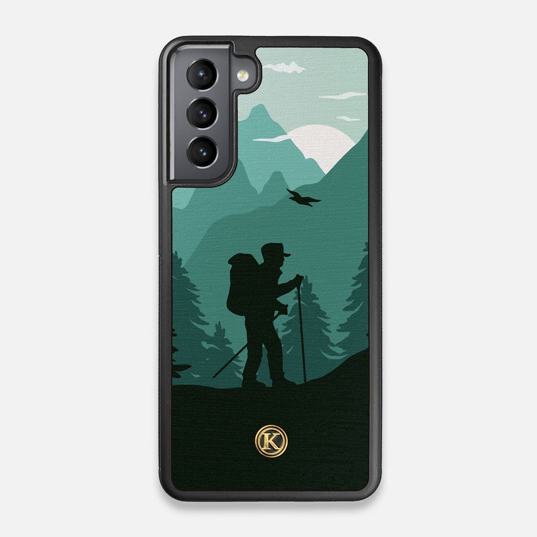 Front view of the stylized mountain hiker print on Wenge wood Galaxy S21 Case by Keyway Designs