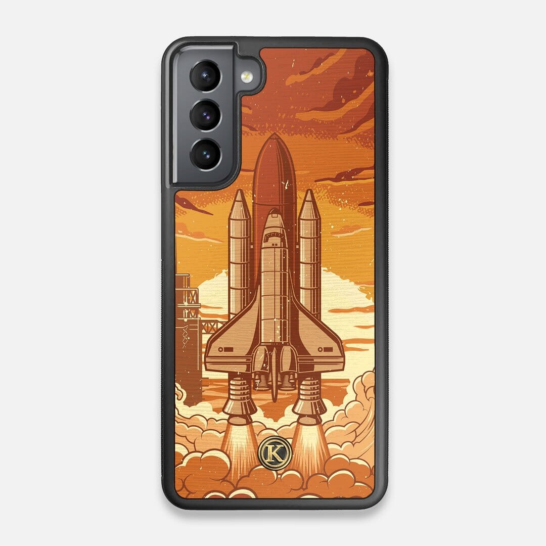Front view of the vibrant stylized space shuttle launch print on Wenge wood Galaxy S21 Case by Keyway Designs