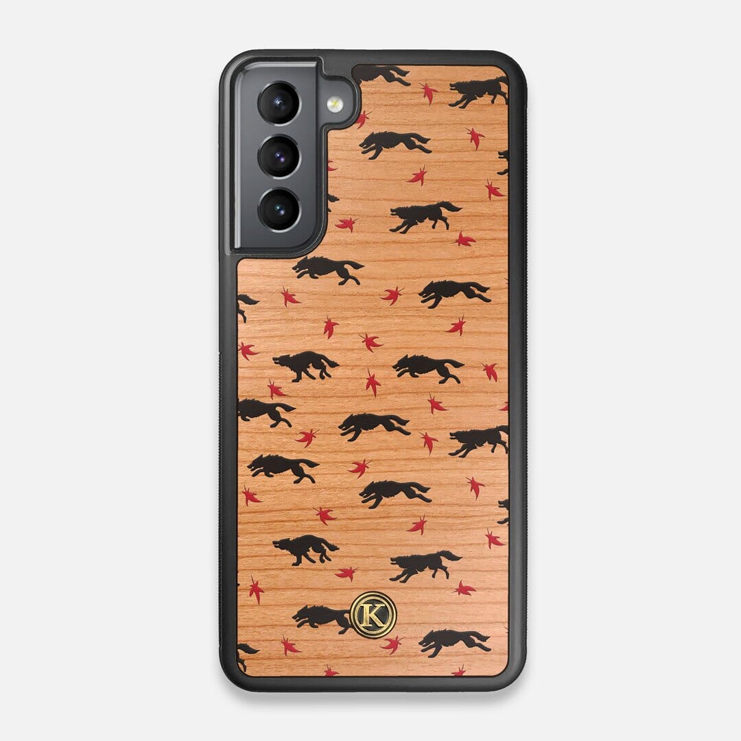 Front view of the unique pattern of wolves and Maple leaves printed on Cherry wood Galaxy S21 Case by Keyway Designs