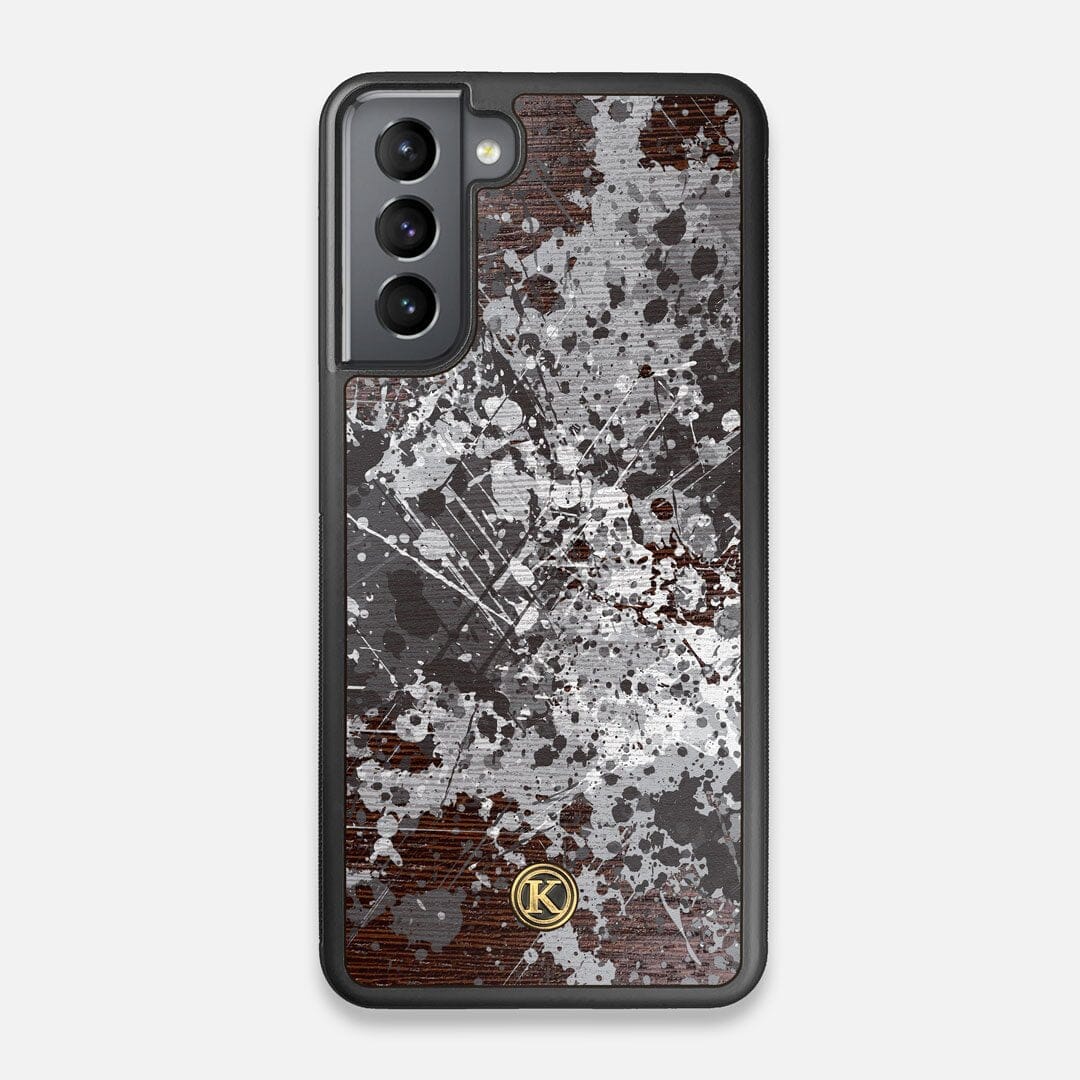 Front view of the aggressive, monochromatic splatter pattern overprintedprinted Wenge Wood Galaxy S21 Case by Keyway Designs