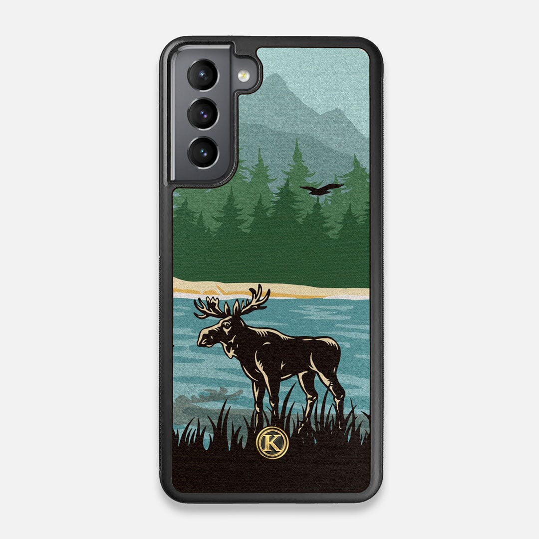 Front view of the stylized bull moose forest print on Wenge wood Galaxy S21 Case by Keyway Designs
