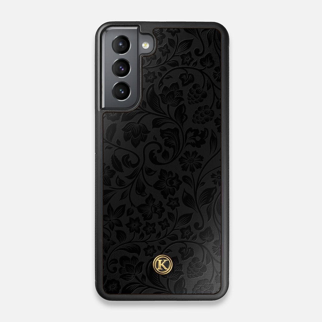 Front view of the highly detailed midnight floral engraving on matte black impact acrylic Galaxy S21 Case by Keyway Designs