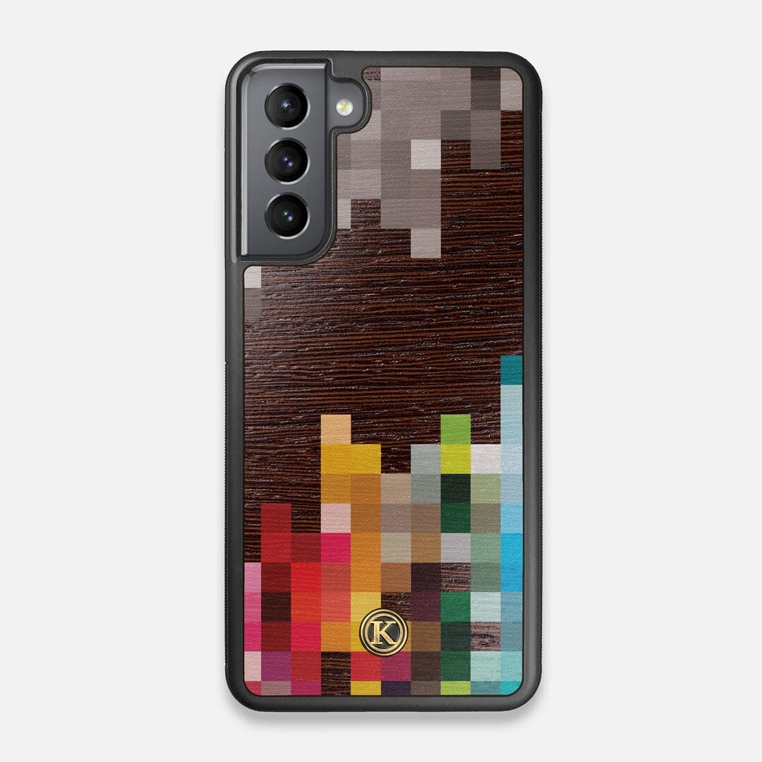 Front view of the digital art inspired pixelation design on Wenge wood Galaxy S21 Case by Keyway Designs