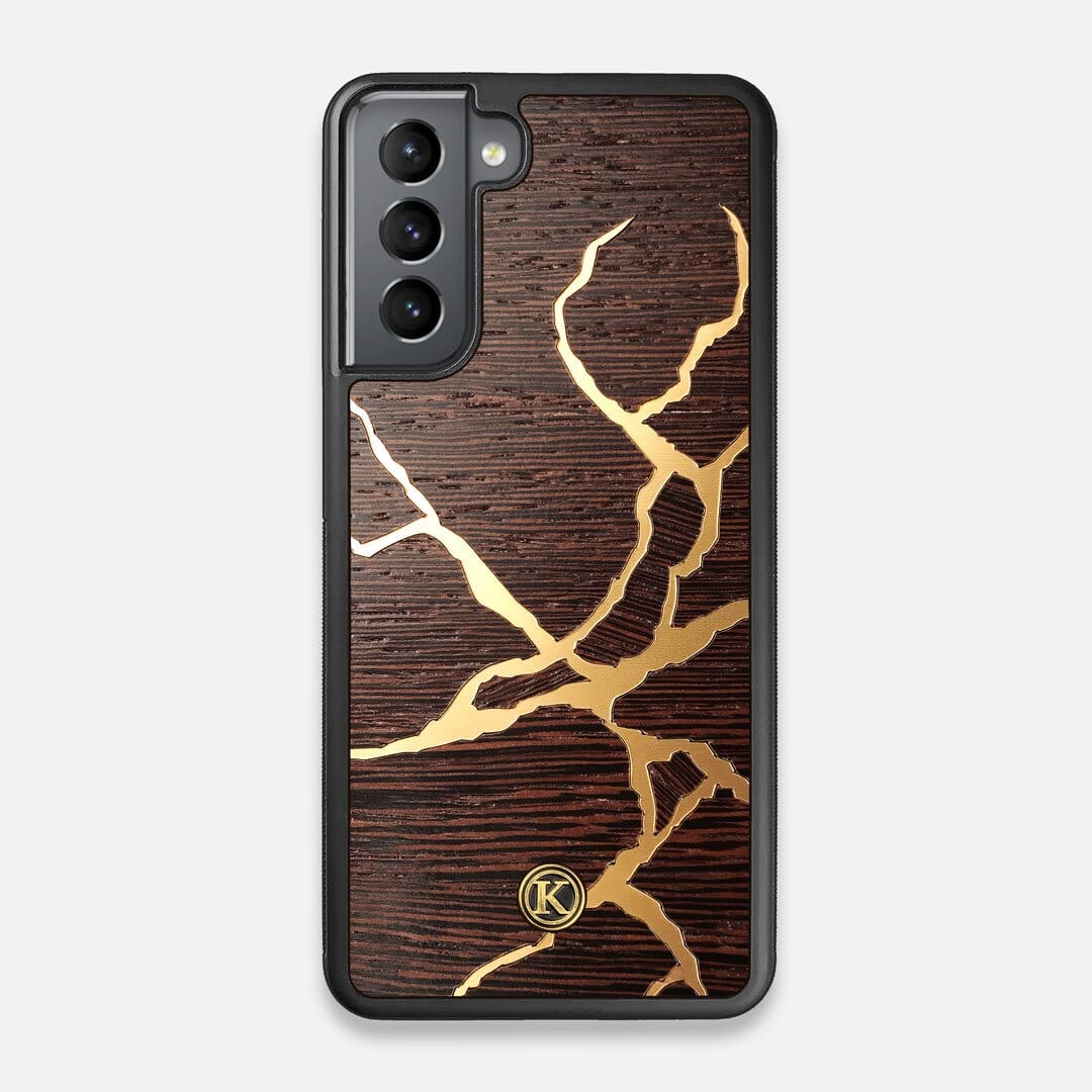 Front view of the Kintsugi inspired Gold and Wenge Wood Galaxy S21 Case by Keyway Designs