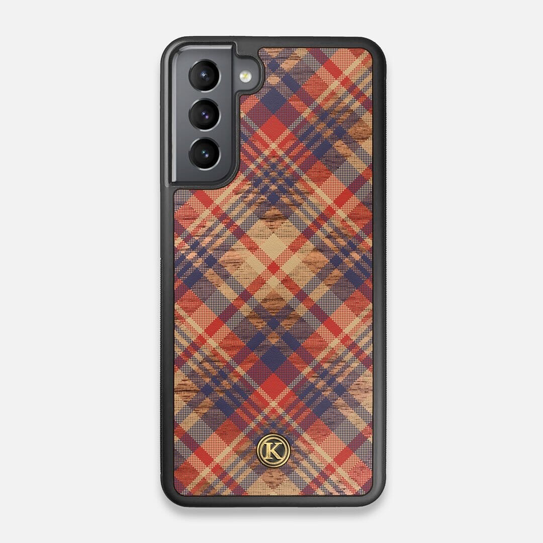 Front view of the Tartan print of beige, blue, and red on Walnut wood Galaxy S21 Case by Keyway Designs