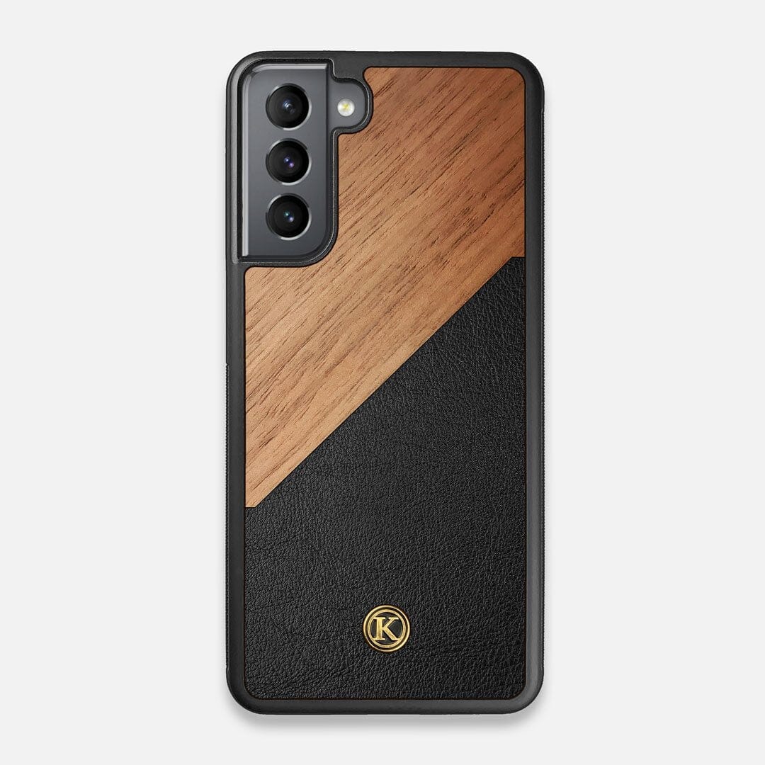 Front view of the Walnut Rift Elegant Wood & Leather Galaxy S21 Case by Keyway Designs