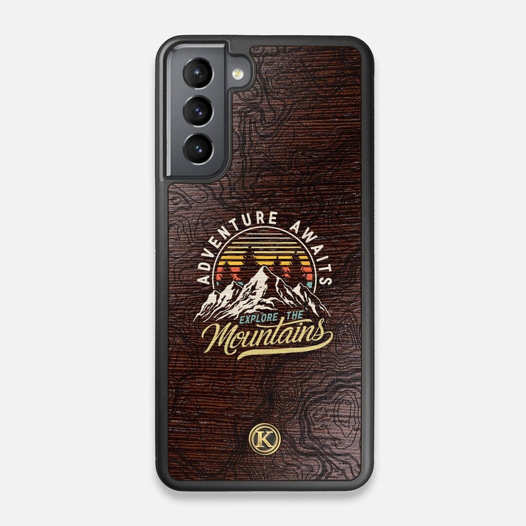 Front view of the crisp topographical map with Explorer badge printed on wenge wood Galaxy S21 Case by Keyway Designs